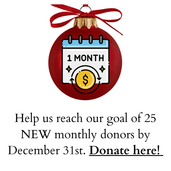 Help us reach our goal of 25 New monthly donors by December 31st. Donate here!