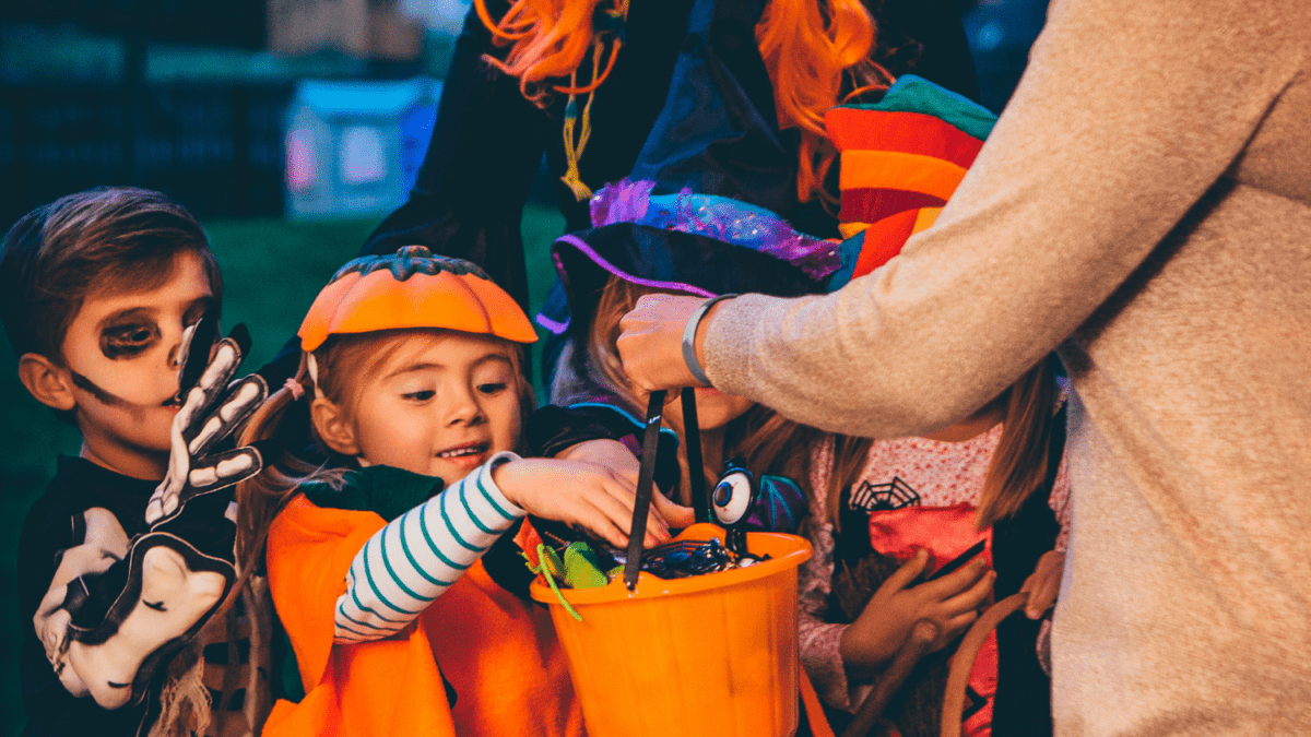 Kids trick-or-treating on Halloween.